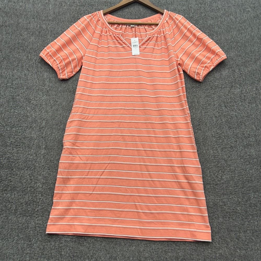 LOFT Dress Womens XS Coral Striped Cotton Cottagecore Coastal Puff Sleeve Mini